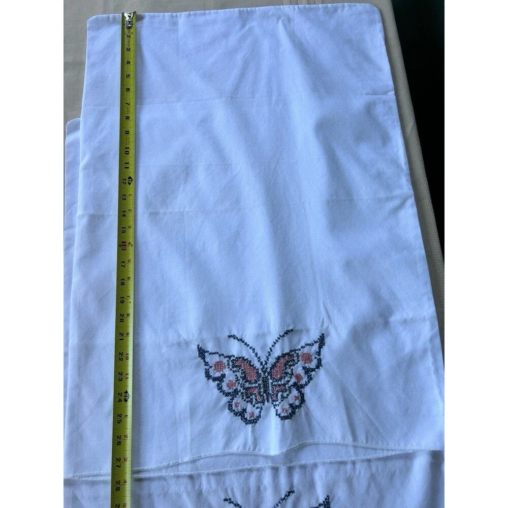 Vintage Cross Stitch Pillowcases Hand Embroidered Butterfly White 2 Pr Cottage